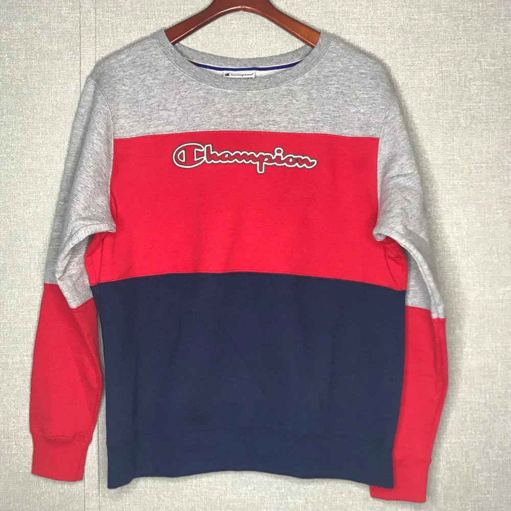 Champion Powerblend Red, Gray and Blue Colorblock Script Logo Sweatshirt - Picture 2 of 8